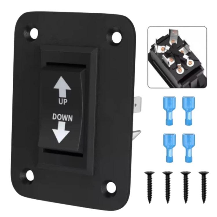 Black rocker switch panel with UP and DOWN arrow markings, 4-pin terminals