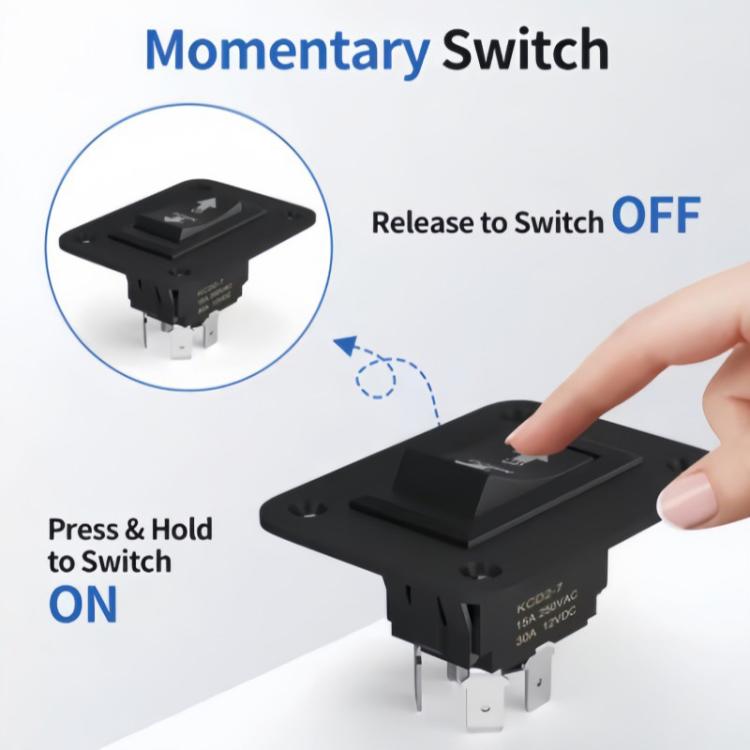 Black momentary rocker switch with OFF/ON press-hold labeling, 4-pin base