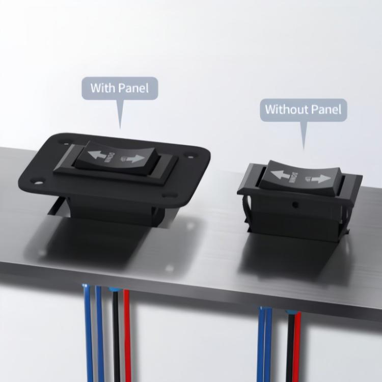 Black rocker switch with panel and without-panel views, 4-pin terminals