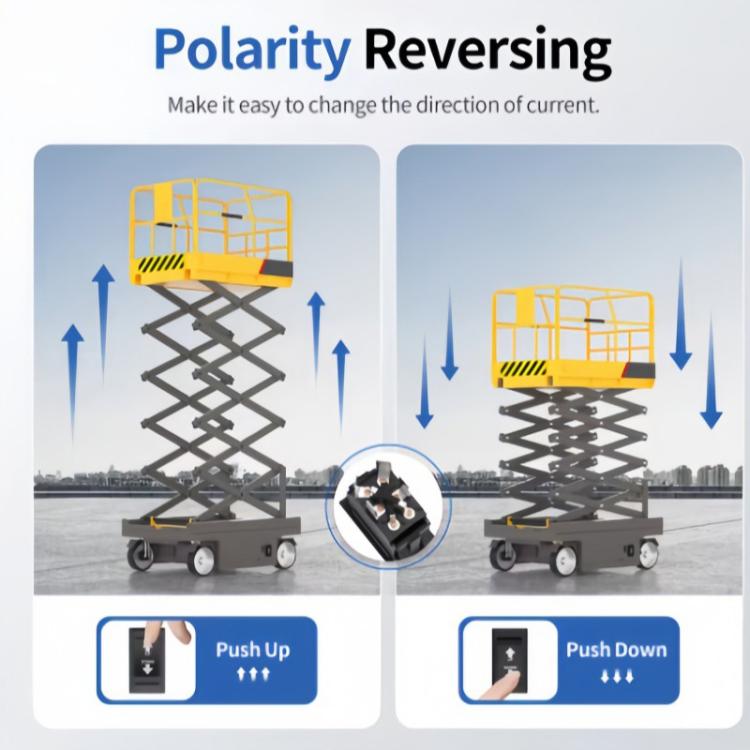 Polarity reversing push-up and push-down switch graphic with black rocker controls