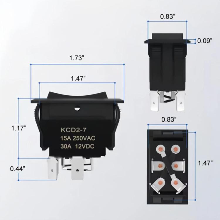 Black 4-pin rocker switch with UP/DOWN arrows, panel dimensions and mounting tabs