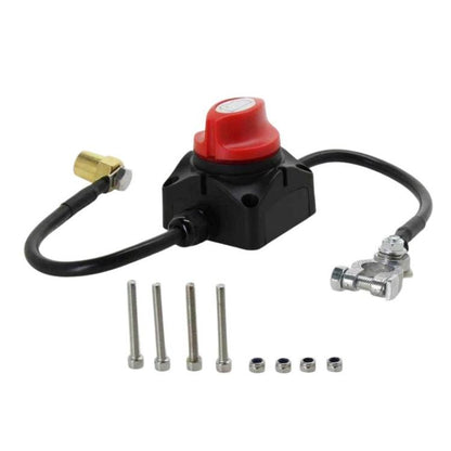 Car battery cut-off switch with red knob, black housing, cables, and terminal hardware
