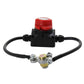 Car battery cut-off switch with red knob and black cable assembly, showing bolt terminal ends