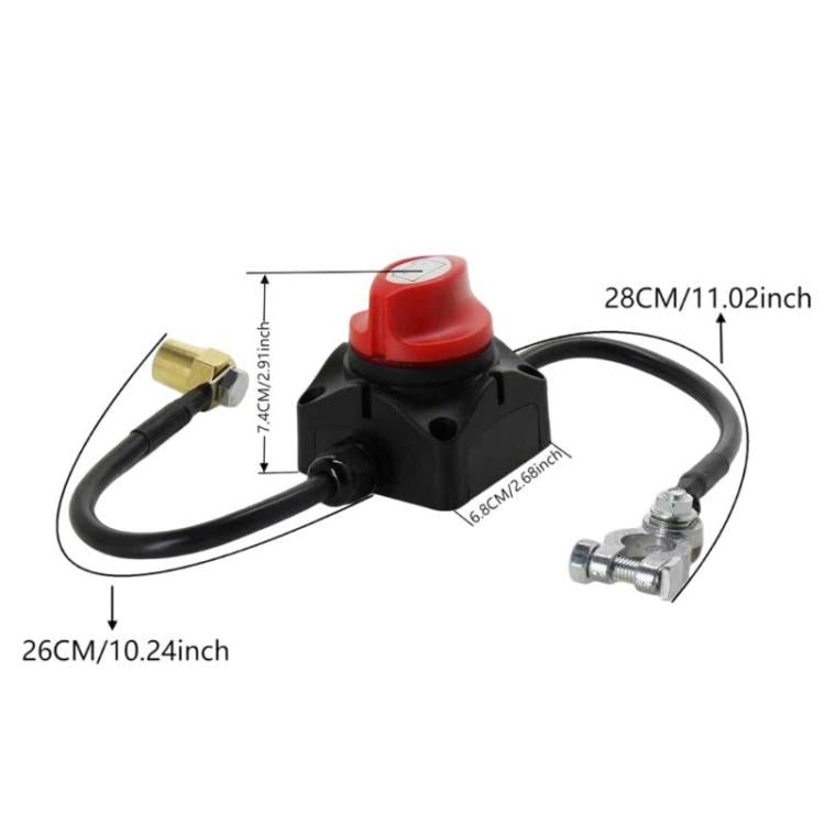 Car battery cut-off switch kit with red knob, black cables, and ring terminal connector