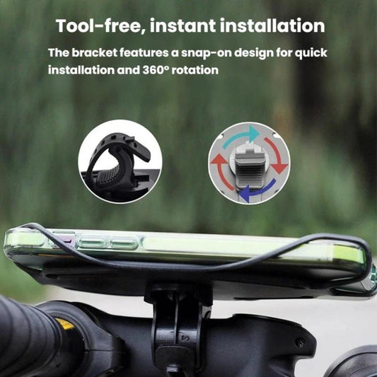 Black bike phone mount on handlebar with snap-on silicone bracket