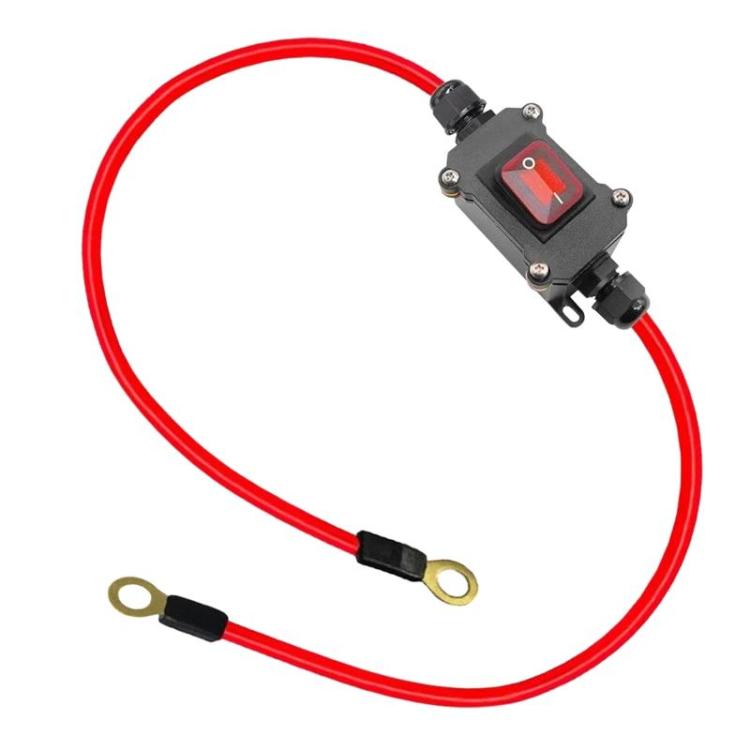 IP67 waterproof power switch junction box with red rocker and attached red cable leads