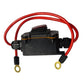 IP67 waterproof junction box with red wire leads, black connectors, and brass grounding lugs