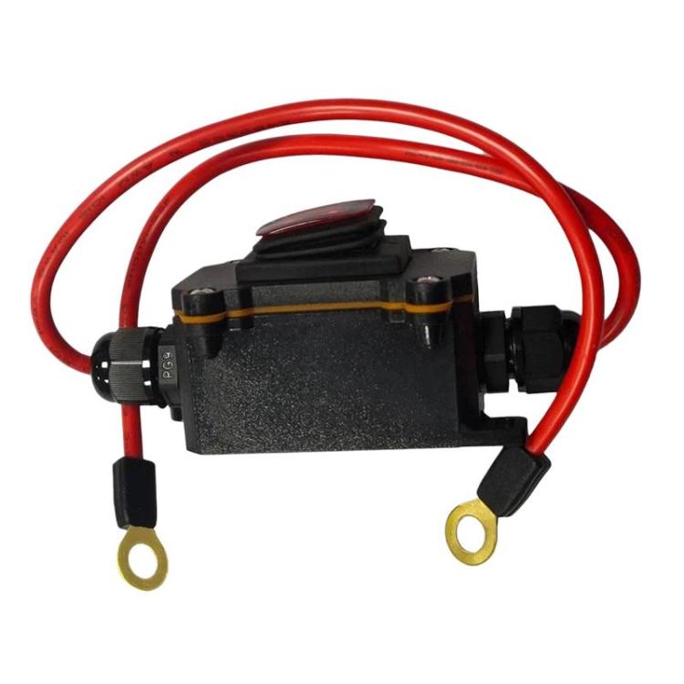 IP67 waterproof junction box with red wire leads, black connectors, and brass grounding lugs