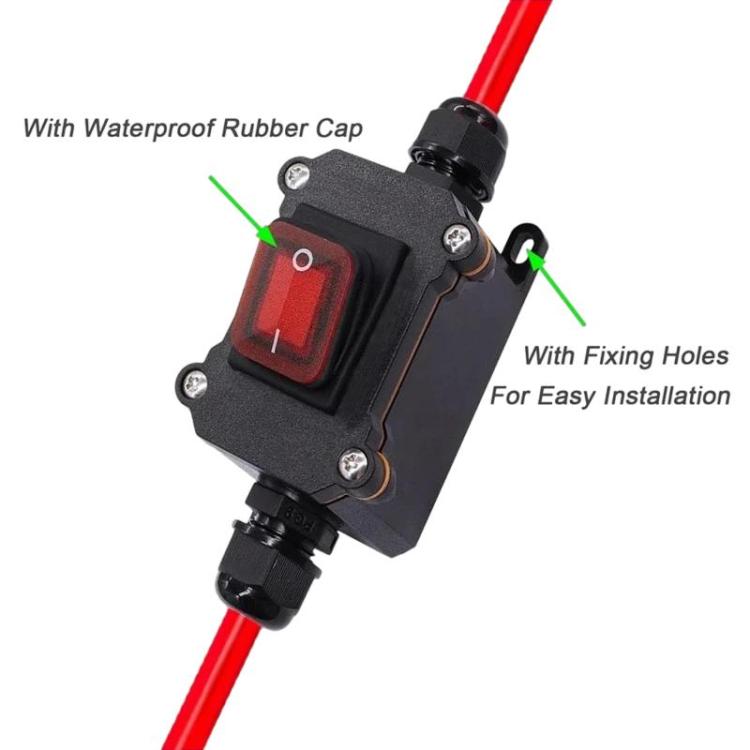 IP67 waterproof power switch junction box with rubber cap, red rocker, and fixing holes