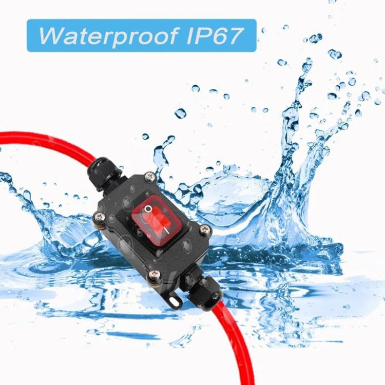 IP67 waterproof switch junction box with red rocker on red cable, splash-proof housing