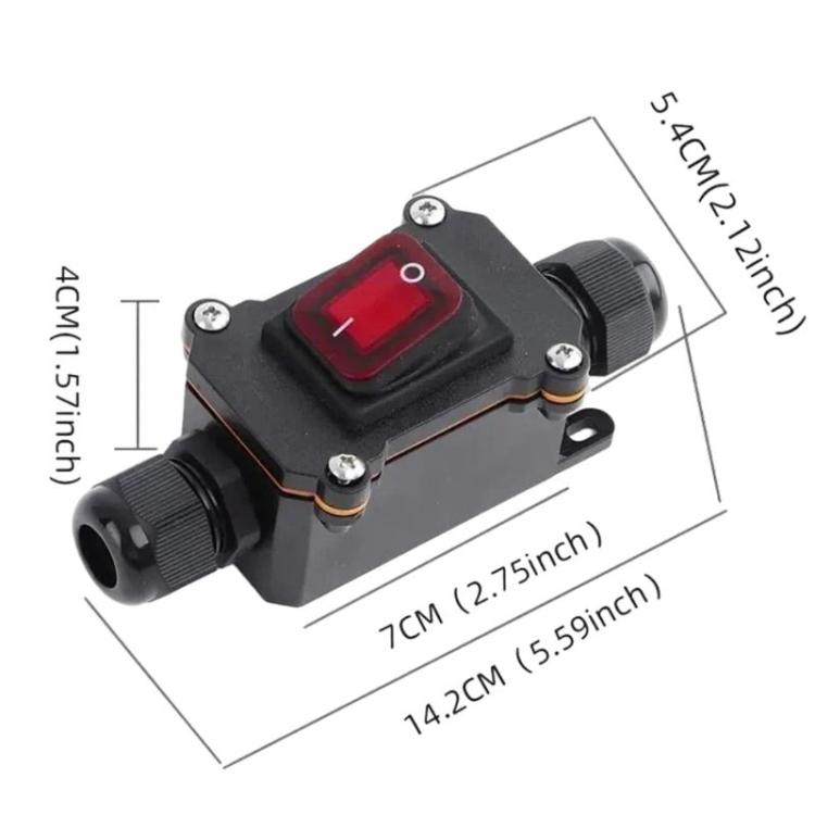 Waterproof power switch junction box with red rocker, showing compact size dimensions