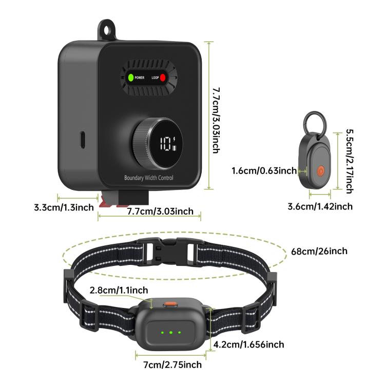 F600 wired electric dog fence receiver and collar size diagram with display and loop