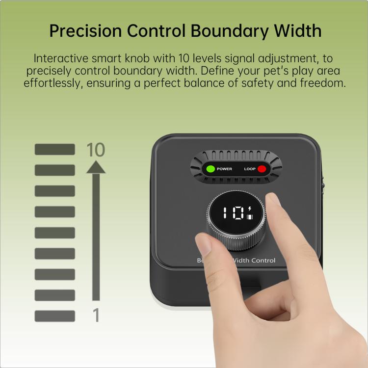 Electric dog fence boundary control knob with 10 precision signal levels on transmitter