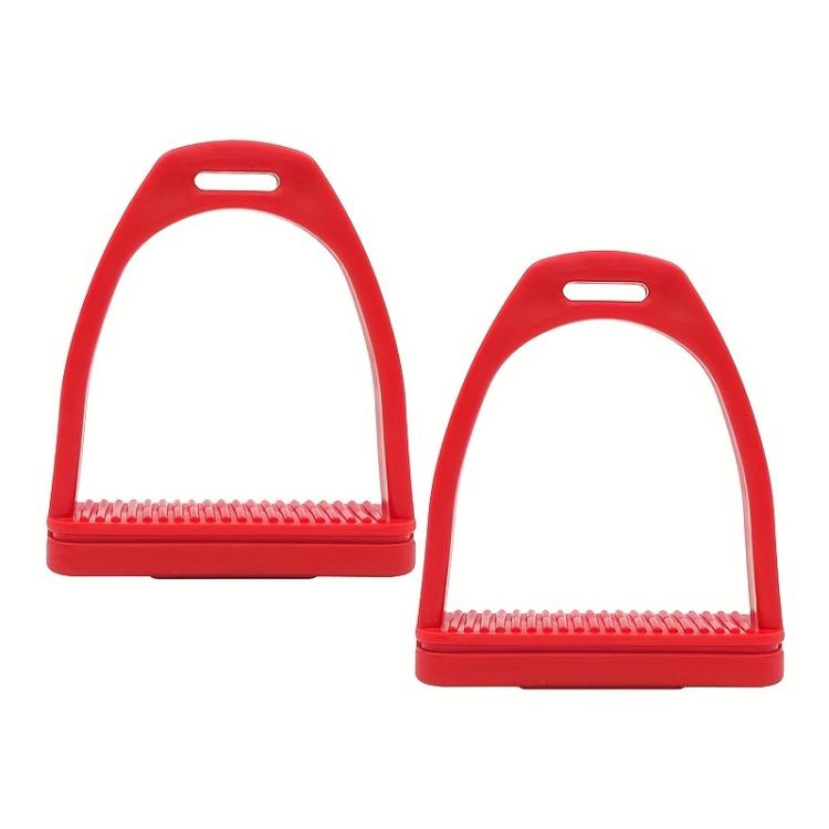 Red plastic horse stirrup set with ribbed footplate and non-slip rubber base pads