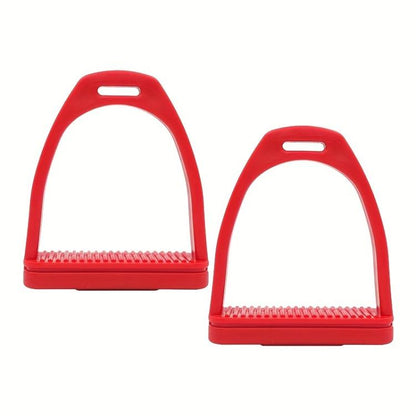 Red plastic horse stirrup set with ribbed footplate and non-slip rubber base pads
