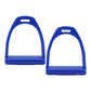 Blue plastic horse stirrup pair with ribbed footplate and non-slip rubber base pads