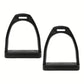 Black plastic horse stirrup pair with ribbed footplate and non-slip rubber base pads