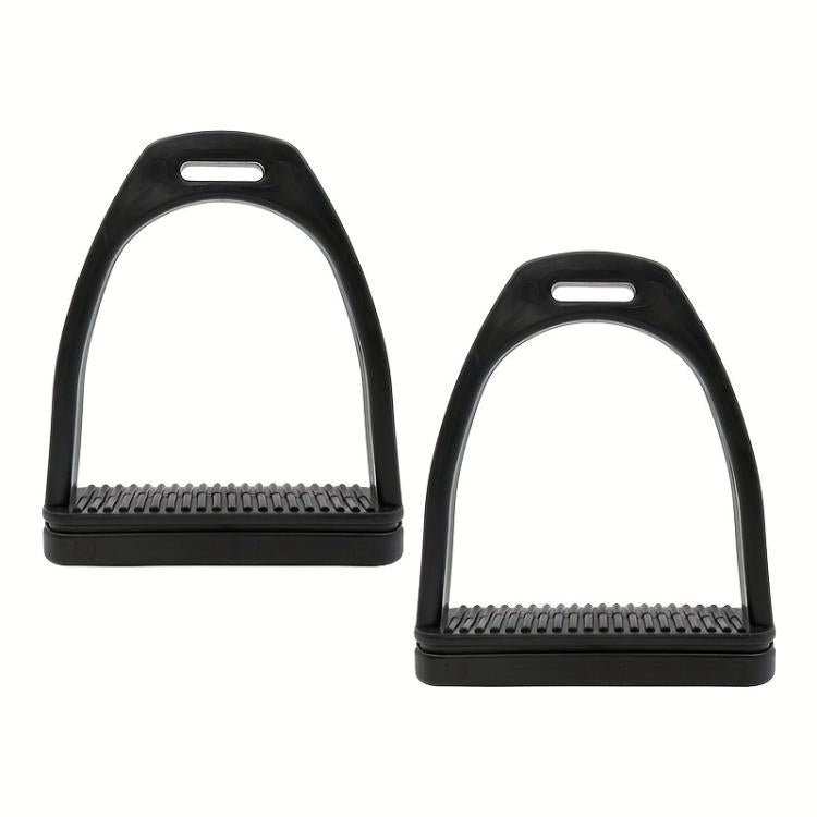 Black plastic horse stirrup pair with ribbed footplate and non-slip rubber base pads