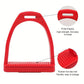 Red plastic horse stirrup with ribbed footplate and flexible rubber non-slip mat