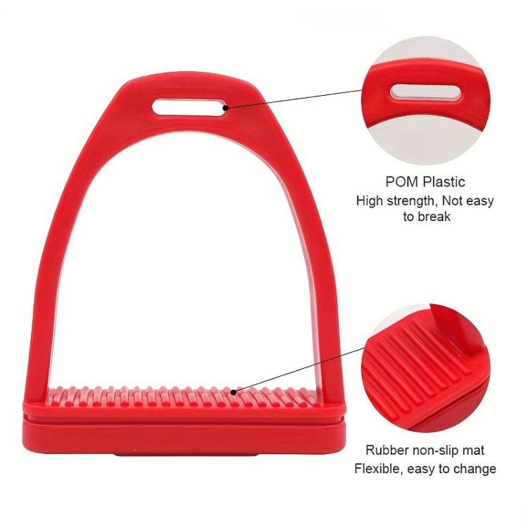 Red plastic horse stirrup with ribbed footplate and flexible rubber non-slip mat