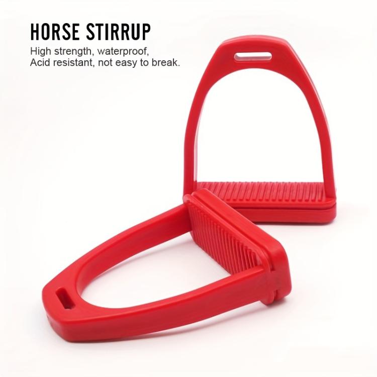 Red plastic horse stirrup with ribbed footplate and matching bottom frame