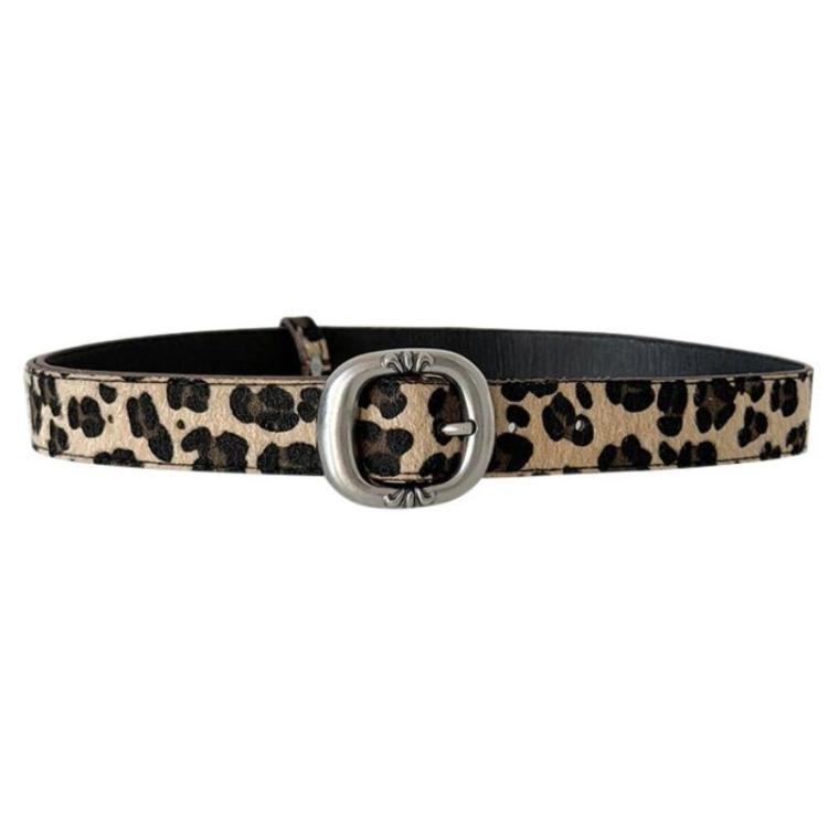 Leopard print belt with round silver metal buckle and black strap lining