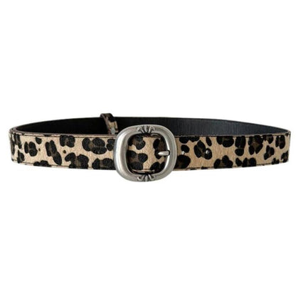 Leopard print belt with round silver metal buckle and black strap lining