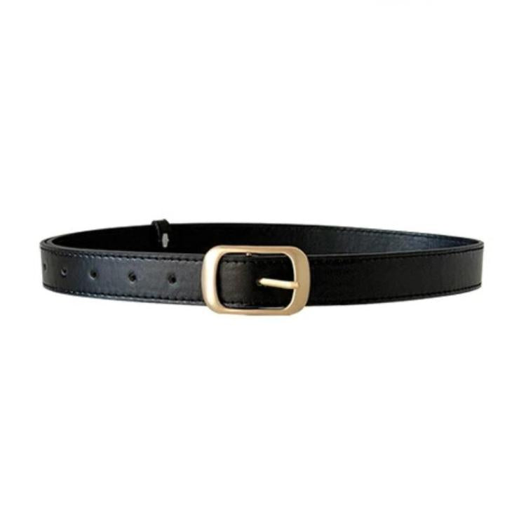 Black leather jeans belt with gold-tone square buckle and punched holes