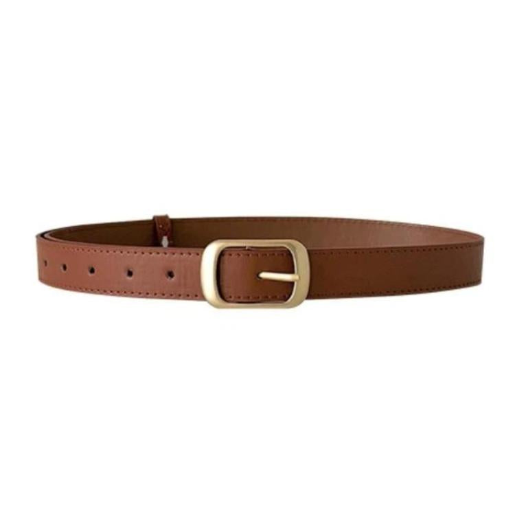 Light tan leather jeans belt with gold-tone square buckle and punched holes