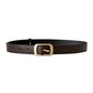 Dark brown leather jeans belt with gold-tone square buckle and punched holes