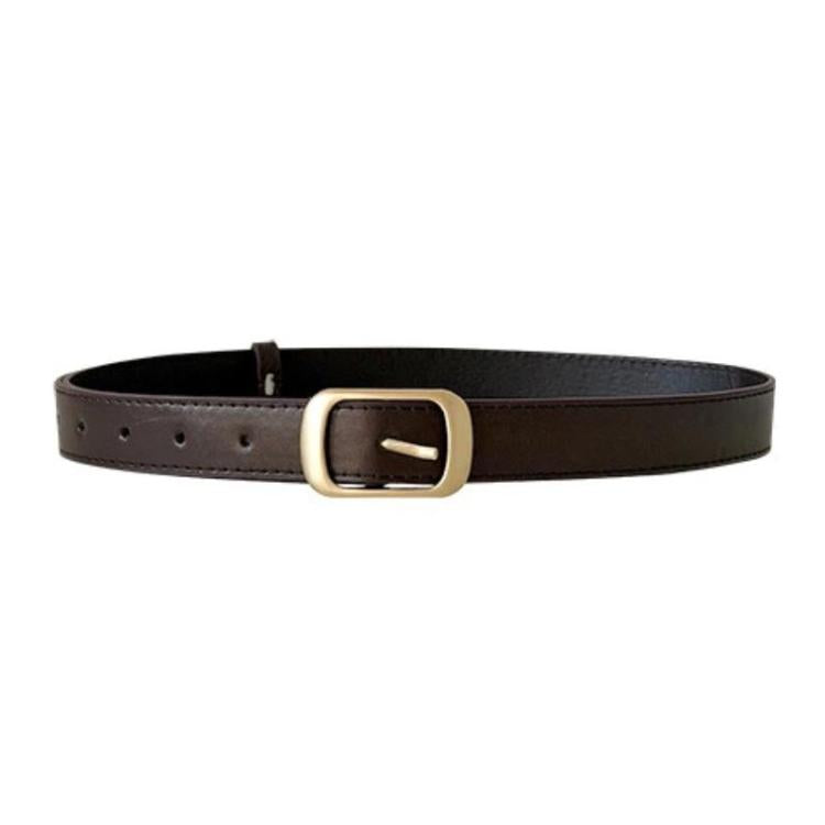 Dark brown leather jeans belt with gold-tone square buckle and punched holes