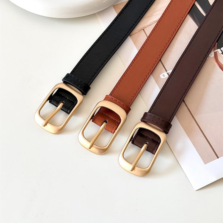 Belt set: black, tan, and brown leather straps with gold-tone square buckles