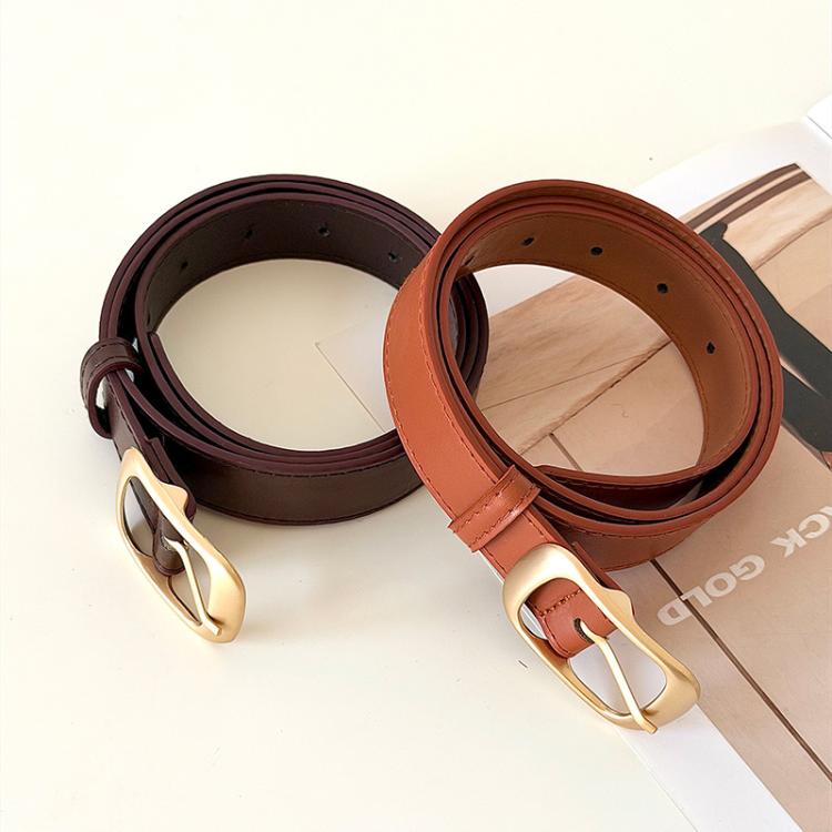 Two leather jeans belts with gold buckles in dark brown and rust tones