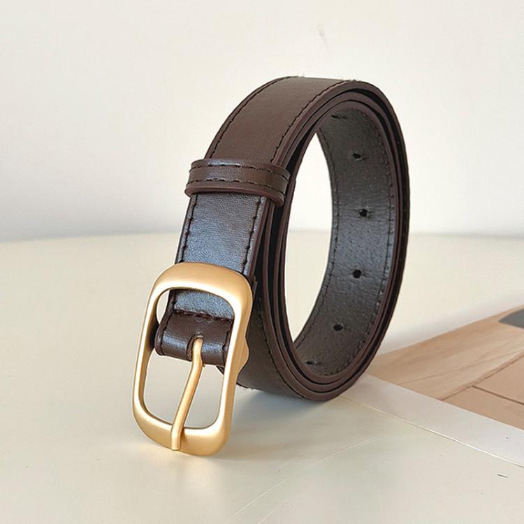 Dark brown leather jeans belt with gold-tone buckle and punched adjustment holes