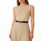 Tan leather jeans belt worn on waist with square gold-tone buckle