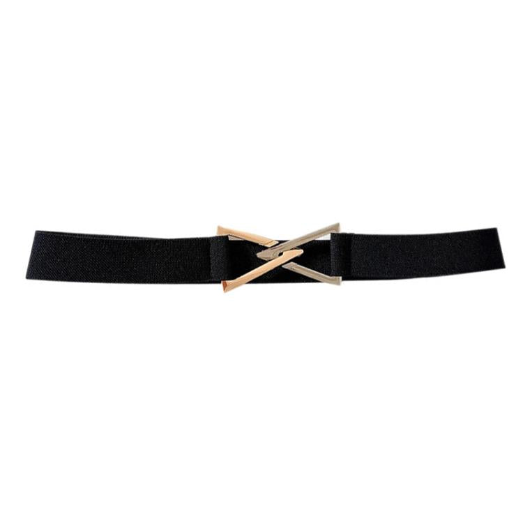 Black woven waist belt with triangle buckle and gold-tone clasp