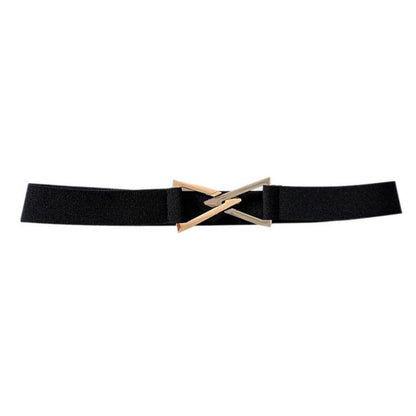 Black woven waist belt with triangle buckle and gold-tone clasp