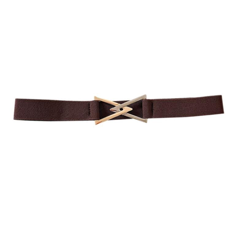 Brown woven waist belt with triangle buckle and gold-tone clasp