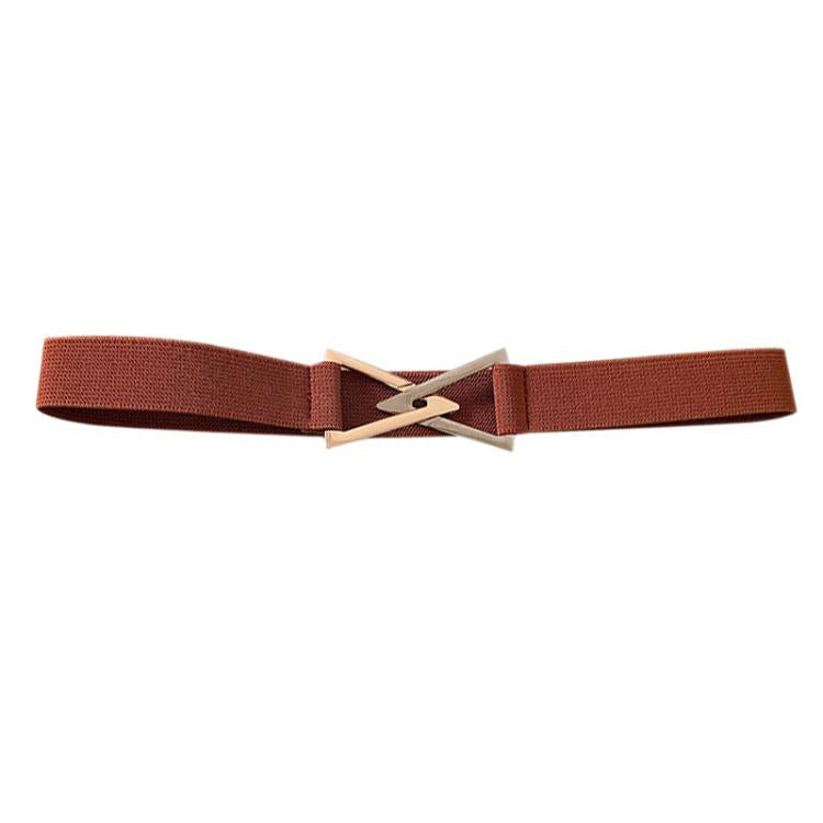 Rust-brown woven waist belt with triangle buckle and gold-tone clasp