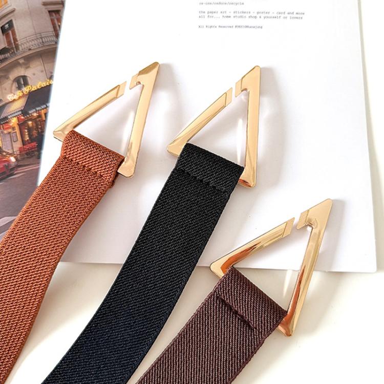 Woven belts with triangle buckles in rust-brown, black, and brown on card