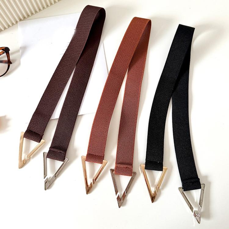 Woven waist belts with triangle buckles in burgundy, rust-brown, brown, and black