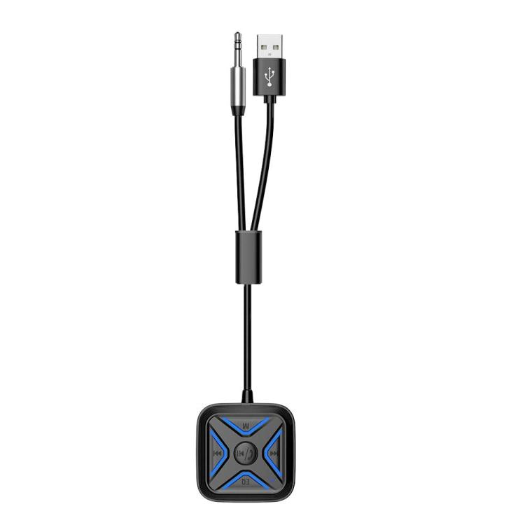Bluetooth AUX audio receiver with black cable and USB plug