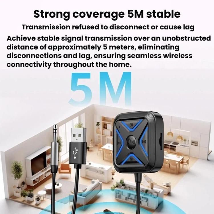 Black Bluetooth audio receiver with blue-lit X control panel and connected cable