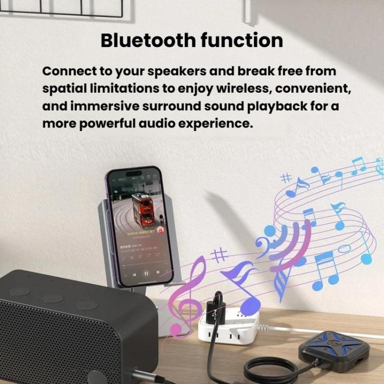 Black Bluetooth audio receiver with blue-lit control panel and connected cable