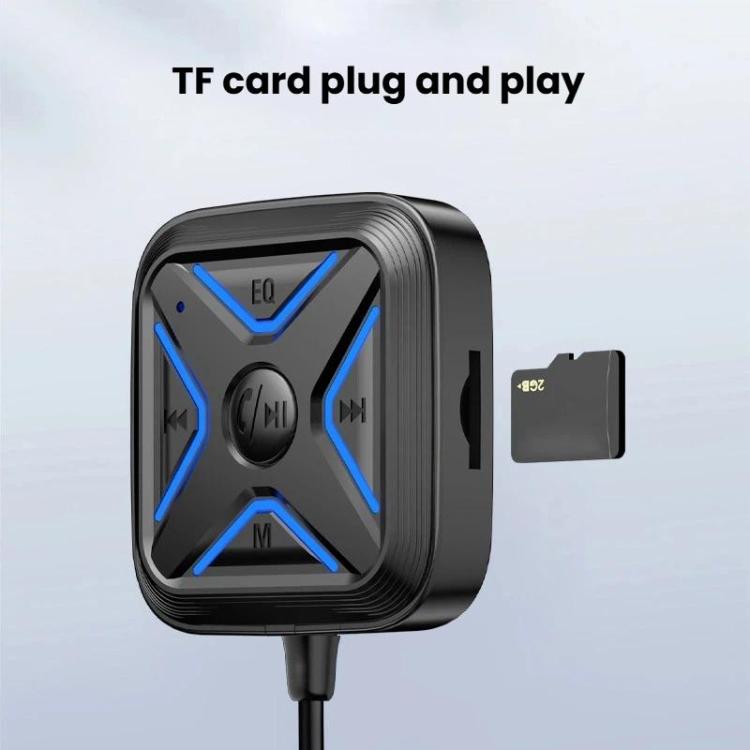Bluetooth audio receiver with blue-lit panel and TF card plug, black
