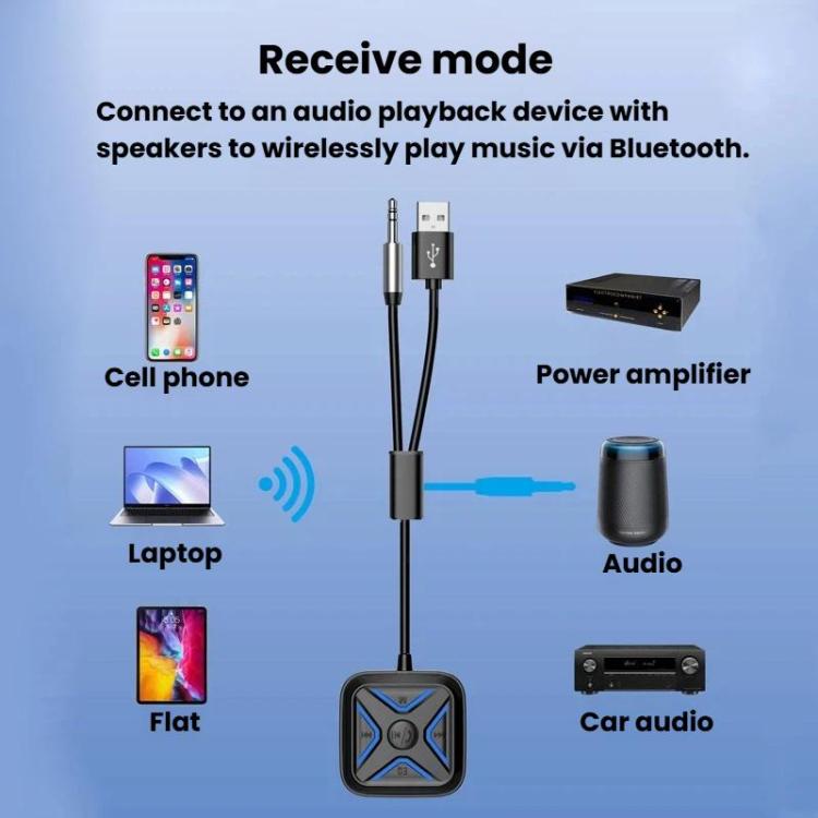 Bluetooth audio receiver in receive mode with USB and AUX audio cables, black