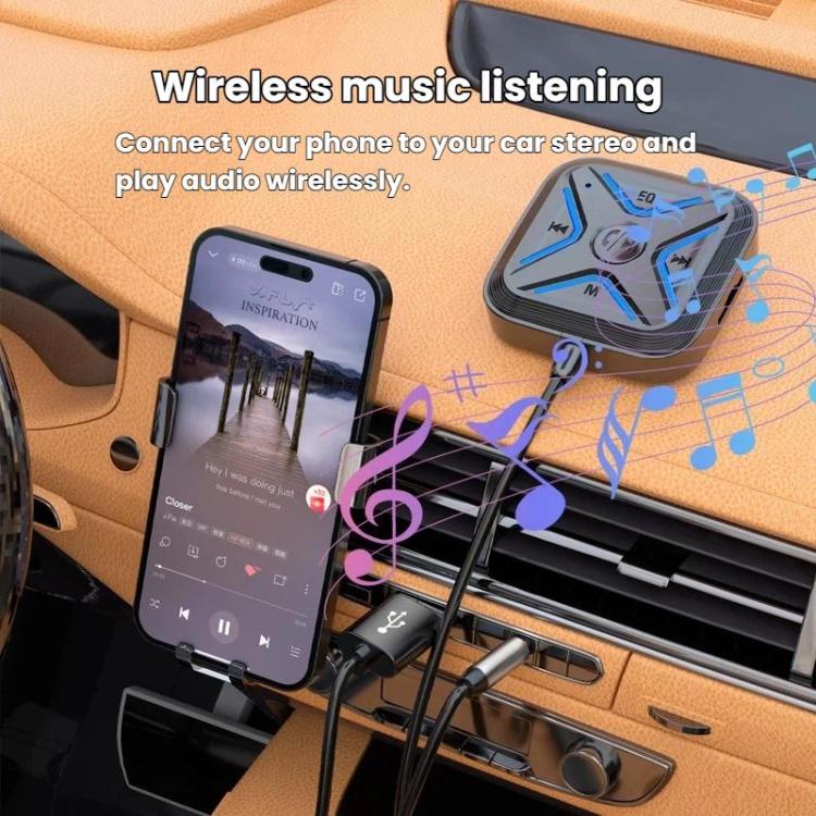 Bluetooth AUX audio receiver with blue-lit panel and USB/AUX cables, black