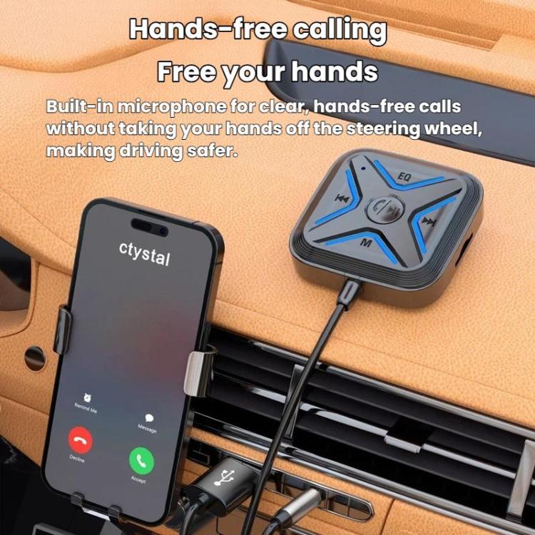 Hands-free Bluetooth audio receiver with blue-lit panel and connected cable, black