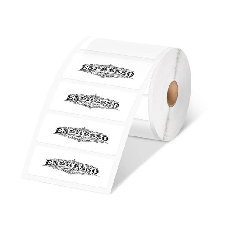 White thermal label stickers roll with multiple printed label tags