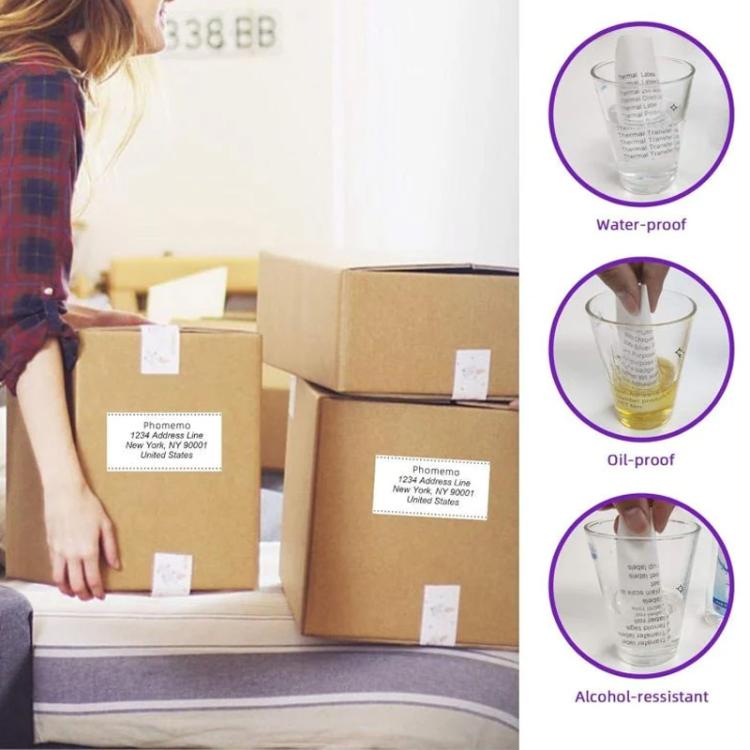 White thermal shipping labels on cardboard packages, waterproof oil-resistant